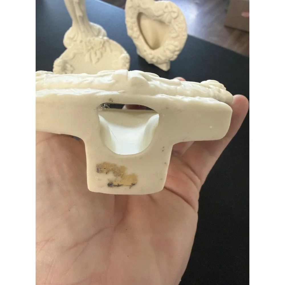 Vintage White Bisque Angel Candlestick Heart Photo Frames Trinket Dish Set